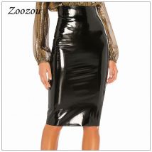 Frauen Plus Größe Hohe Taille Latex Patent Leder PVC Midi Rock Elegante Schlitz Büro Dame Bleistift Rock Pu Knielangen Rock Custom