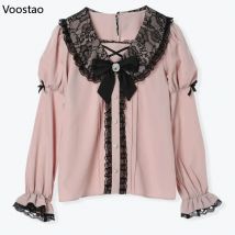 Herbst japanische Lolita-Stil Blusen Frauen süße Schleife Spitze Rüschen Langarm hemden jk weibliche lässige Gothic y2k Tops Camisas