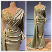 Maßge schneiderte arabische Dubai V-Ausschnitt Meerjungfrau Abendkleid transparente Langarm Satin Perlen gefaltete formelle Party kleid