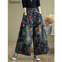 Jeans Blume Floral Print Herbst Breite Bein Hosen Frauen Lose Mode Damen Übergroßen Hosen Elastische Taille Frau Denim Hosen