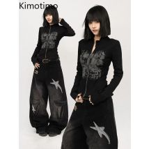 Kimotimo American Retro Printed Black Zipper Cardigan Women Autumn New Punk Slim Fit Long Sleeve Tops Y2k Grunge Goth Streetwear
