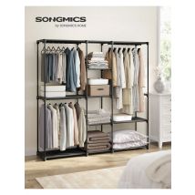 SONGMICS Armadio aperto portatile: 43x182x182 cm, appendiabiti, indipendente con binari, ripiani in tessuto, nero, camera da letto.