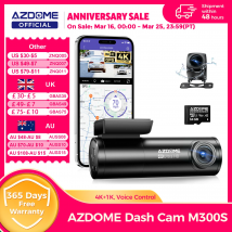 AZDOME M300S 4K Dash Cam anteriore e posteriore, telecamera da cruscotto GPS WiFi ADAS integrata per auto, scheda da 64 GB gratuita, controllo vocale, visio notturno