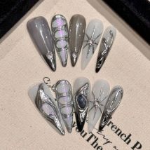 10 Stück handgemachte Press on Nails Full Cover Glitter Metalle Cat Eye Stiletto Spice Girls French Almond Falsche Nägel Tragbare Maniküre