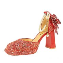 Summer 2025 New Fashion Women's PlatformSandals Glitter Bow Pearl Chain Rhinestone Decoration Ladies Eveing Heels Banquet Shoes