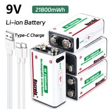 Wiederaufladbarer 9-V-Akku, 21800 mWh, große Kapazität, 9-Volt-Li-Ionen-Akkus, Laden mit Typ-C-Kabel, für Rauchmelder, Feueralarm