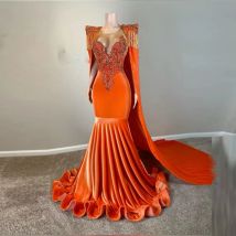 Orange Abendkleider im Cape-Stil, transparenter Ausschnitt, Spitzenapplikationen, Meerjungfrau-Abschlussballkleider, Rüschen, Damen-Partykleid für formelle Anlässe