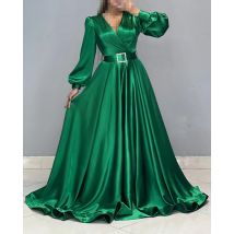 Maßgeschneiderte, exquisite Satin-A-Linien-Gürtel und Kristall-Abendkleider, V-Ausschnitt, lange Ärmel, Panel-Schleppe, maßgeschneiderte Anlässe