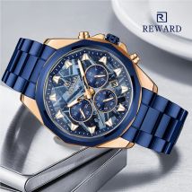 REWARD Dunkelblaue Uhren für Herren, modische Quarzwerk-Armbanduhren, leuchtende Zeiger, wasserdichte Uhr für Herren