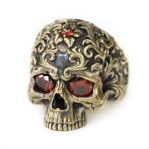 Rote CZ-Augen, Gravurmuster der Tang-Dynastie, Totenkopfring aus Messing, BR439, US-Größe 8~15