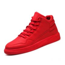 Men's Red High-Top Leather Skate Shoes Flat Lace-Up Sneakers Everyday Versatile Casual Streetwear Non-Slip Grip Sole Footwear