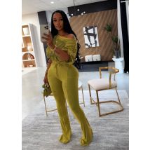 Solide 2-teiliges Set Sexy Skew Kragen Langarm Raffen Crop Tops + Hohe Taille Taschen Dünne Flare Hosen Frauen mode Anzüge