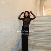 Qanz-Vestidos De Fiesta negros De lujo, Vestidos De noche De encaje De sirena para cena De Gala, corsé De manga larga, Vestidos De Fiesta personalizados