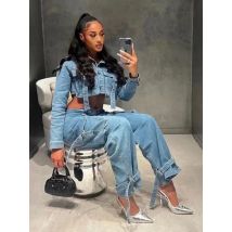 Street Denim 2-teiliges Set Damen Outfit Herbstkleidung Damen Jean abgeschnittene Jacke gerade Jeans Hose Sets Safari-Stil Damen-Sets