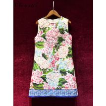 Bedrucktes französisches Damen-Mini kleid 2024 Sommer neue Mode Rundhals ausschnitt ärmellose lose Taille elegantes Damen kurzes Kleid