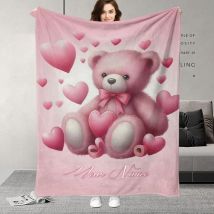 Decke mit personalisiertem Namen und rosa Bären-Design, bezaubernder flauschiger Bär mit Herzen und Schleife, perfektes Geburtstagsgeschenk für geliebte Menschen