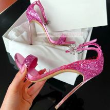 Luxus Glitter Rosa Heels Sandalen Frauen Kristall Blumen Schuhe Bling Hohe Metall Heels Sandalen Peep Toe Frauen Sommer Marke Schuhe