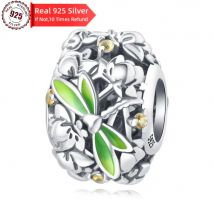 100 % echtes 925er-Sterlingsilber, grüne Libelle, Lotusblüten-Perlen, passend für originale feine Armbänder, feine Damenschmuck-Geschenke