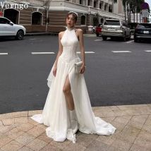 Verngo elfenbeinfarbenes Chiffon-Abschlussballkleid, Neckholder, A-Linie, sexy, rückenfrei, Partykleid, Seitenschlitz, Abschlussball-Abendkleid, individuell gestaltet