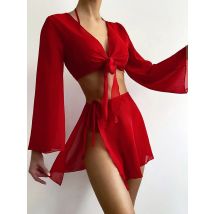 4PCS mit Mesh Sarong Cover Up Langarm Bikini Weiblichen Badeanzug Frauen Bademode Vier-stück Bikini Badeanzug schwimmen Bademode