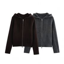 Weiche Damen-Strickjacke mit Reißverschluss und Kapuze, Damenmantel, Frühling, abgeschnittene Jacke, Sweatshirt, Damenbekleidung, Oberbekleidung 5755001
