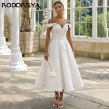 Roddrsya einfache weiche Satin Brautkleider von der Schulter elegante V-Ausschnitt Tee-Länge Robe de Soirée Boho Braut party nach Maß einfache weiche Satin Brautkleider von der Schulter elegante