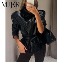MUJER Black Women's Trench Coat Faux Leather Cropped Jacket Woman New in Outdoor Coats Women's Windbreaker Fashion Outerwears