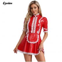 Damen Dienstmädchen-Latexkleid mit Spitzenbesatz und Schürze, kurzärmeliges traditionelles Dienstmädchenkleid, französische Dienstmädchen-Uniform, Cosplay-Kostüm