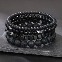 4 pz/set Nero Gall Pietra Vulcanica Perline di Legno Multi-strato da Uomo Combinazione Bracciale Elastico Per Coppia Amici Gioielli