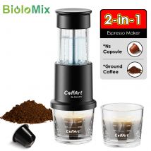 BioloMix Caffettiera Espresso Manuale Portatile 2 in 1 - Compatibile con Capsule e Caffè Macinato, Preparazione Calda e Fredda, per Escursionismo