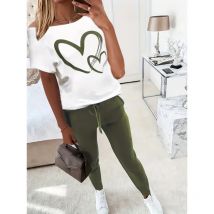 Herzförmiges, bedrucktes Kurzarm-T-Shirt, verlängerte Hose, zweiteiliges Set mit Taschendesign, Modeset für die Frühlings- und Sommerserie