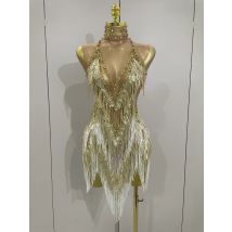 Stock 2025 Women Sexy Stretch Mesh Sparkly Rhinestone Tassels Mini Dress Nightclub Singer Dance Stage Costume Evening Gowns