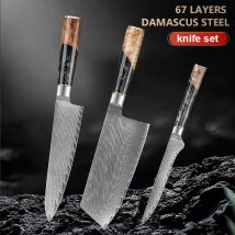 1-3-teiliges Set Damaskus-Küchenkochmesser, Hackmesser, Ausbeinmesser, Kochutensilien mit farbigem Holzgriff