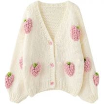Strawberry Printed Crochet Cardigans Women Winter Korean Style Loose Knitting Sweater Female Fashion Casual V Neck Cardigan Tops