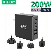 Ubigbuy Cargador USB C GaN 200W con 2 puertos USB-C PD 100W y 3 puertos QC65W, adaptador de viaje de carga rápida para ordenadores portátiles y teléfonos móviles