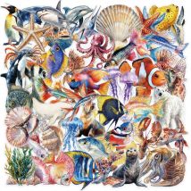 50 Stück transparente Cartoon-Meereslebewesen-Aufkleber-Set, wasserfest, PET-Dekor-Aufkleber zum Selbermachen für Sammelalbum, Journaling, Laptop, Stoßstange