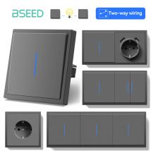 BSEED Große Tastenschalter mit LED-Anzeige, 2-Wege-Wandlichtschalter, USB-Telefon-Ladeanschluss, Wandstrom, EU-Buchse, Grau, E-Serie