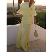 Gelbes, lässiges, schickes Damenkleid, O-Ausschnitt, rückenfrei, kurze Ärmel, gefaltet, lang, elegant, Herbstmode 2025