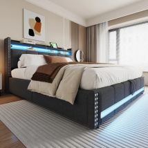KOMHTOM Polsterbett 180x200 cm mit LED-Beleuchtung und USB-Steckdose, und Stauraum, Hydraulik für Lagerung
