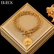 EILIECK 316L Edelstahl Gold Farbe Porträt Münze Charm Armband Trendy Handgelenk Kette Schmuck Für Frauen Mädchen Urlaub Geschenke