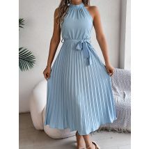 Msfilia Solides, ärmelloses, stehkragenes, tailliertes, plissiertes langes Kleid für Damen, Frühling und Sommer, lange Kleider