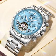 RUIGE Neue multifunktionale Herrenuhr aus Edelstahl, luxuriöser Herren-Kalender, Mondphase, modische Trenduhr