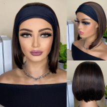 10-Zoll-Bob-Perücke mit kurzem Stirnband, kurzes glattes Haar, hochtemperaturbeständig, modische Turban-Synthetikperücke, braune Mischung in Schwarz