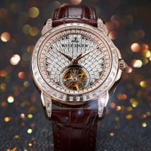 Reef Tiger Herren-Automatikuhr, 41,5 mm, mechanische Armbanduhr, leuchtendes Skelett, Kristall-Zifferblatt, Stahlarmband, Saphirspiegel