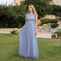 Chiffon Kurzarm Abendkleid aushöhlen Spitze O-Ausschnitt Party kleid schlanke Empire eine Linie bodenlangen Hochzeit Brautjungfern Kleid