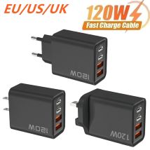 Insgesamt 120 W USB-Ladegerät 4 Port PD Schnellladung USB QC 3.0 Typ C EU/US/UK Stecker Ladegerät für Xiaomi iPhone 15 Pro Max Wandadapter