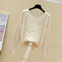 V-Ausschnitt hohle Strick pullover für Frauen lose beige weibliche Pullover Herbst kleidung, um im koreanischen Stil warme elegante neue Strickwaren zu arbeiten