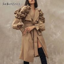 TWOTWINSTYLE Halskrause Verkleidung Sahses Windcoat Für Frauen Revers Lange Hülse Hohe Taille Solide Elegante Graben Mäntel Weibliche Kleidung Mode