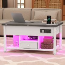 YITAHOME White & Grey 4-in-1 Lift-Top Coffee Table - Foldable with Drawer, Type-G Outlets & RGB LED for Living/Dining Room