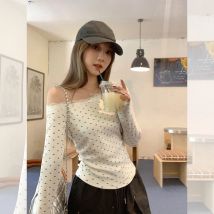 Streetwear Print T Shirts Frauen Mode Sexy Skew Kragen Spitze Patchwork Tops Herbst Y2K Koreanische Ästhetischen Langarm Design Tees